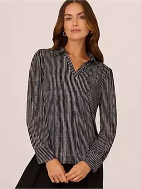 Adrianna Papell Black and White Striped V-Neck Long Sleeve Blouse